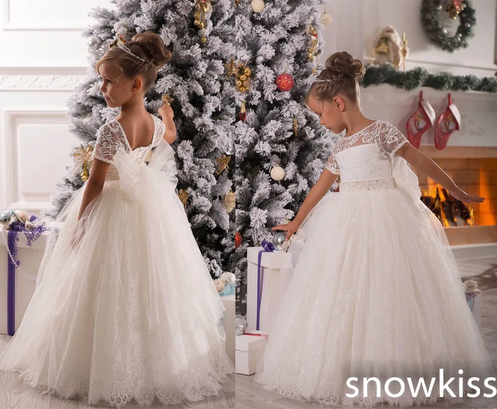 

White/ivory long sheer lace crew neck short appliques sleeve beautiful first communion flower girl dress nice beading sash gowns