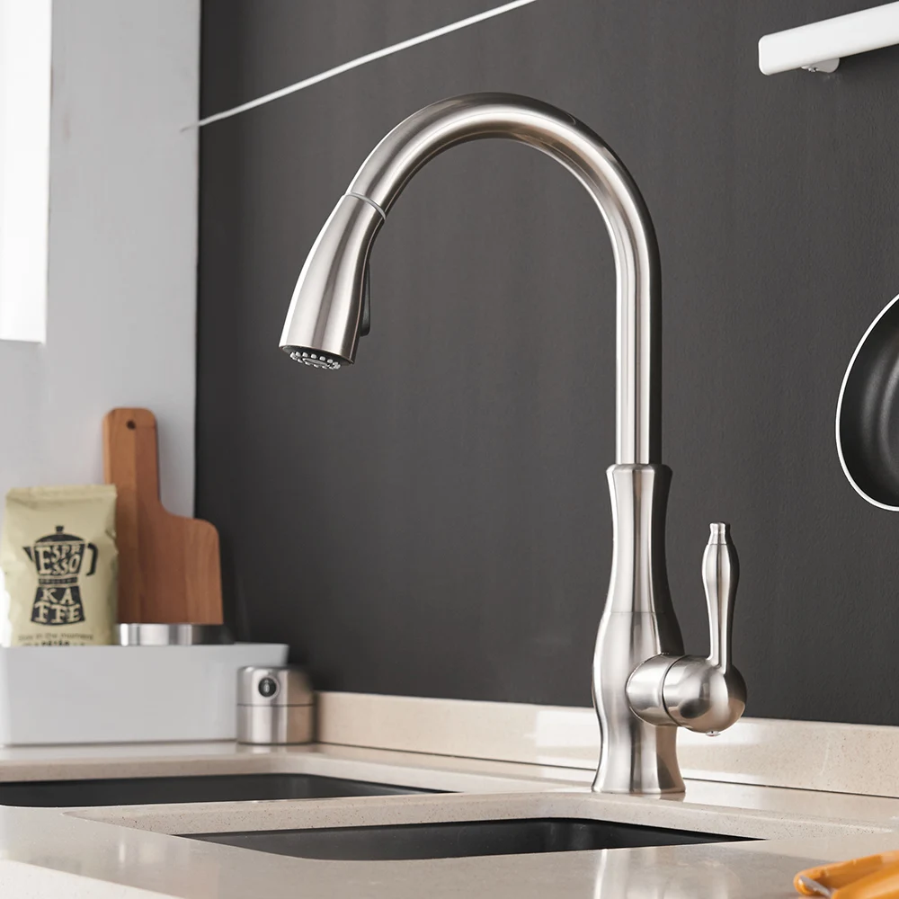 Gold Kitchen Faucets Silver Single Handle Pull Out Kitchen Tap Single Hole Handle Swivel Degree Wat - 32890939726