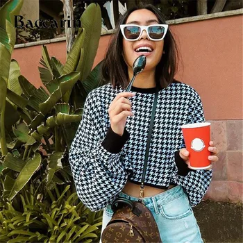 

Autumn Winter Plaid Sweatshirt Women Fashion Crop Tops Casual Hoodies Long Sleeve Black Drop-Shoulder Sweatshirt sudader