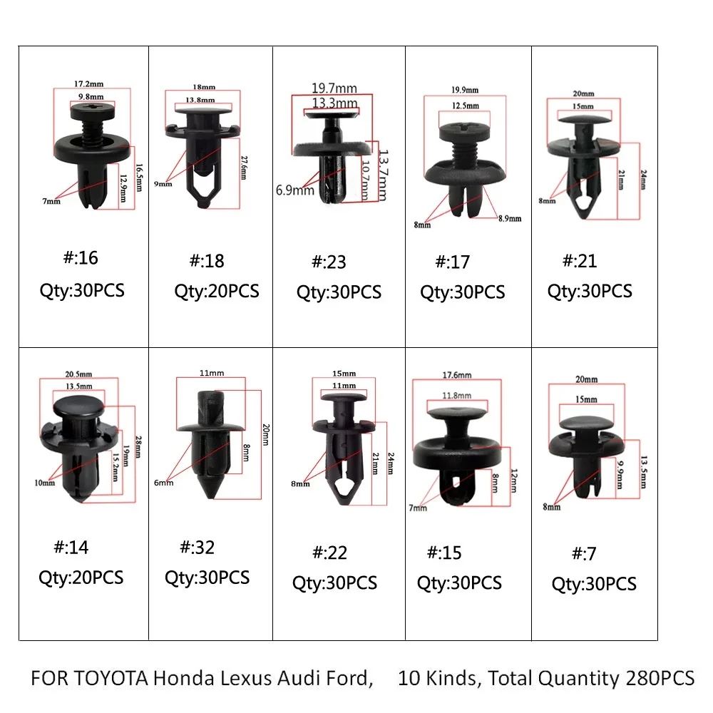 280 шт./лот, смешанный Автомобильный крепеж, автомобильный бампер, фиксатор, заклепка, дверная панель, крыло, вкладыш для Honda, AUDI, Toyota, HU-SLK280H