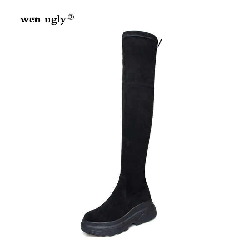 

wen ugly Platform thigh high boots ladies winter boots stretch fabric rider boots 2019 new leather round head high heel fashion