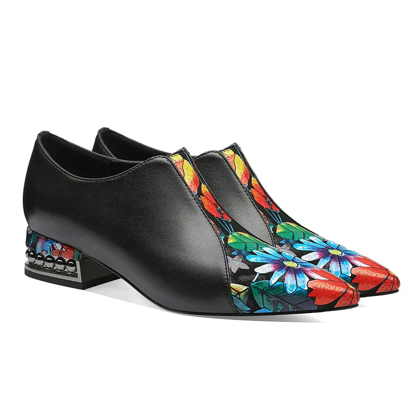 ISNOM Stud Thick Heels Pumps Women Pointed Toe Footwear Print Cow Leather Shoes Female Zip Casual Shoes Woman 2019 Spring New ISNOM Stud Thick Heels Pumps Women Pointed Toe Footwear Print Cow Leather Shoes Female Zip Casual Shoes Woman 2019 Spring New