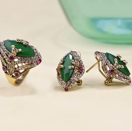 Luxusní značky Turecko turecké šperky sady Módní dámské zelené náušnice prstenové šperky Sada měděných náušnic Anel sety