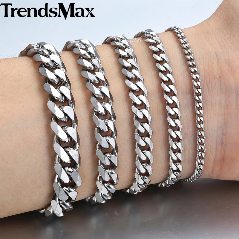 3 11mm Men's Bracelets Silver Stainless Steel Curb Cuban Link Chain