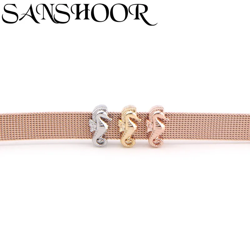 

New SANSHOOR Jewelry Inmitation Seahorse Slide Charms Fit 10mm Stainless Steel Mesh Bracelet for DIY Jewelry Accessories Design