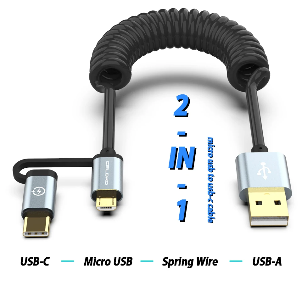 Выдвижной Micro usb кабель для передачи данных Тип usb C 2in1 для спортивной камеры Xiao mi 8 SE 6X mi 6 mi A1 mi x 2 S 2 QC 3,0 быстрой зарядки Tipe C спиральный провод