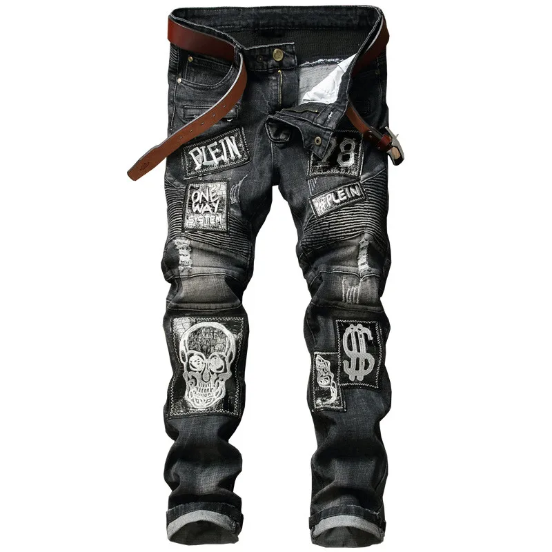 BP Skull Biker Men Jeans Homme Slim Fit Personality Badge Patchwork