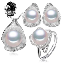 FENASY Joyería de Perlas de Agua Dulce, Sistemas de la joyería para Las Mujeres Collar de Perlas/Pendientes/Anillos de La Joyería de la Boda, Shell colgante de diseño