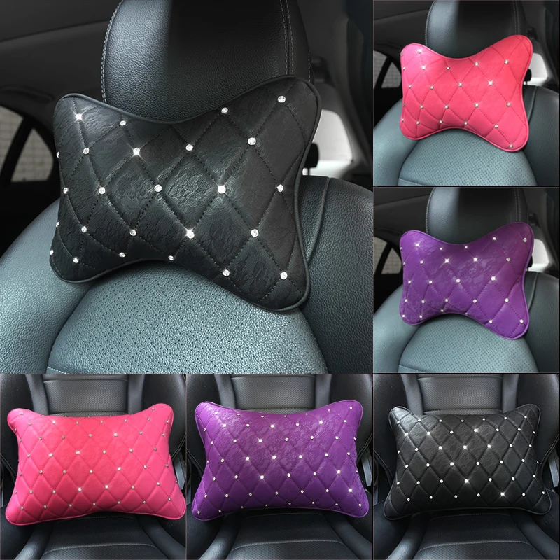 Diamond Crystal Leather Car Seat Headrest Pillow Auto Neck Waist Support Pillows Diamond Auto Interior Accessories