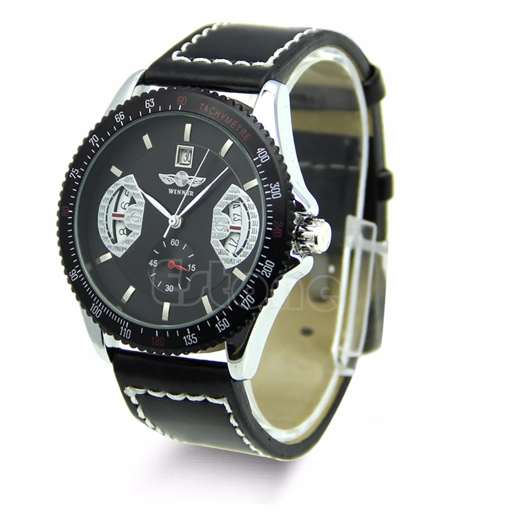 

Fashion Mens Mechanical Watch Faux Leather Band Date Automatic Sport Wrist Watch Black Red