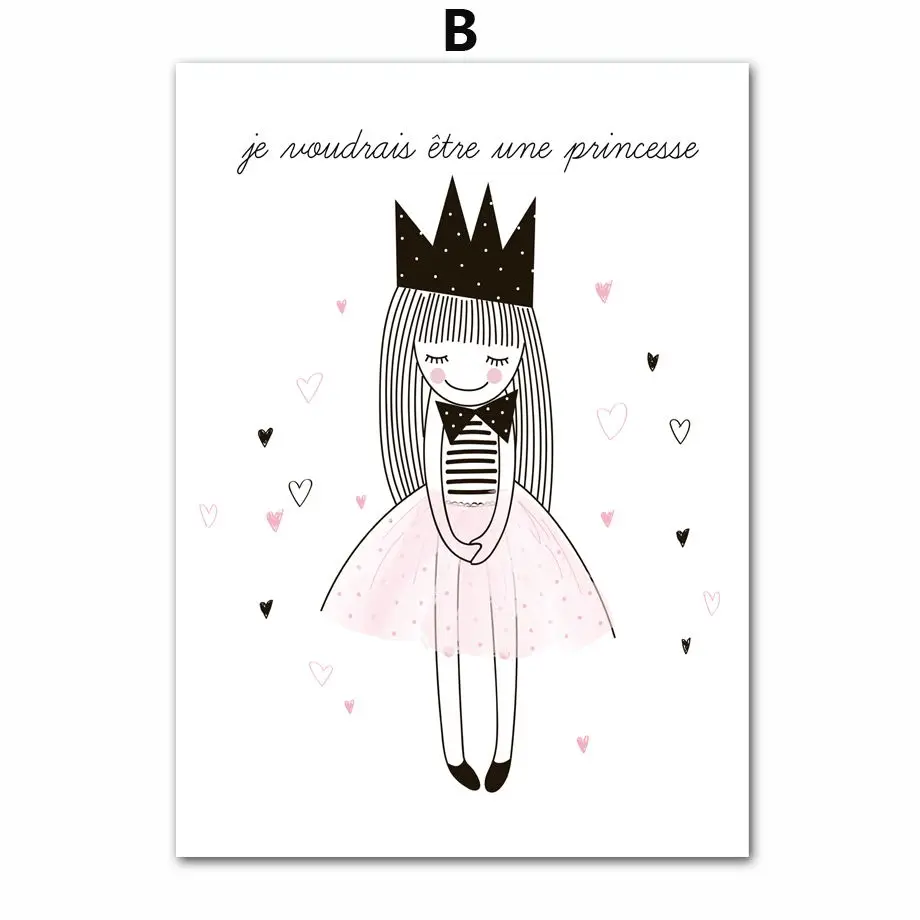 Мультфильм розовая девочка Принцесса Королева Корона Фламинго скандинавские плакаты и принты настенные художественные картины на холсте настенные картины декор детской комнаты - Цвет: B