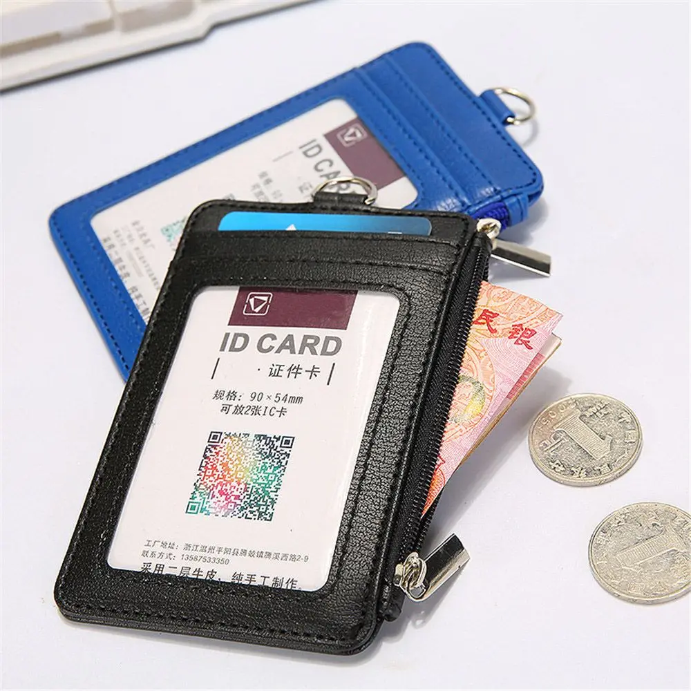 

1pc Solid Color Leather ID Badge Card Holder Lanyard Necklace Zipper Card Case Business Card Holder Organizer Portable Wallet