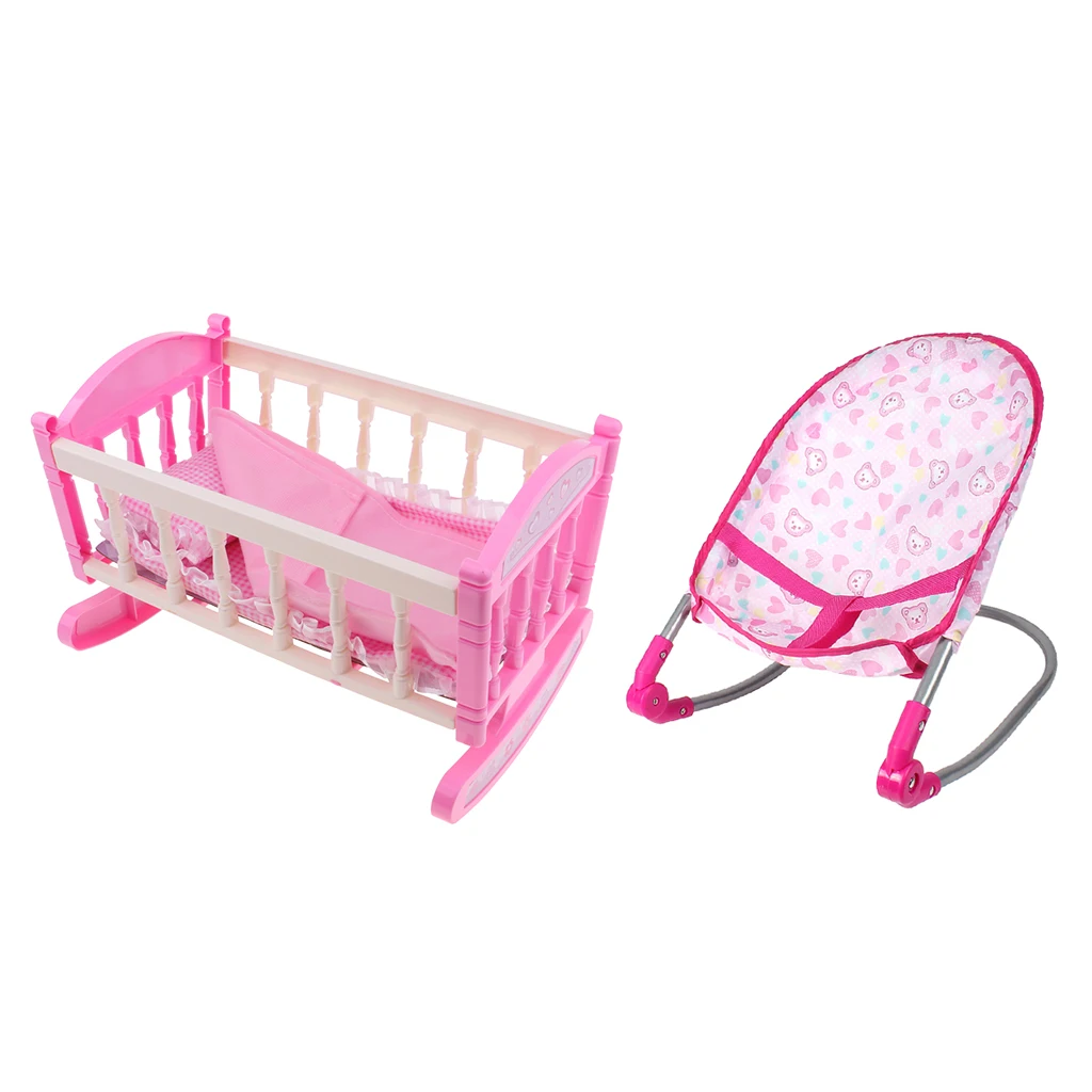 Kids Children Play House Toy - Simulation Furniture Playset Baby Infant Doll Bouncer Rocking Chair & Cradle Bed Crib