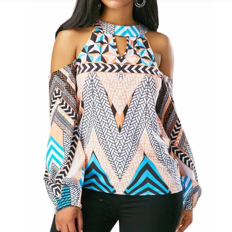 

VNAURRY Sexy Loose Halter Strapless Long Sleeve O-Neck Women's Blouse