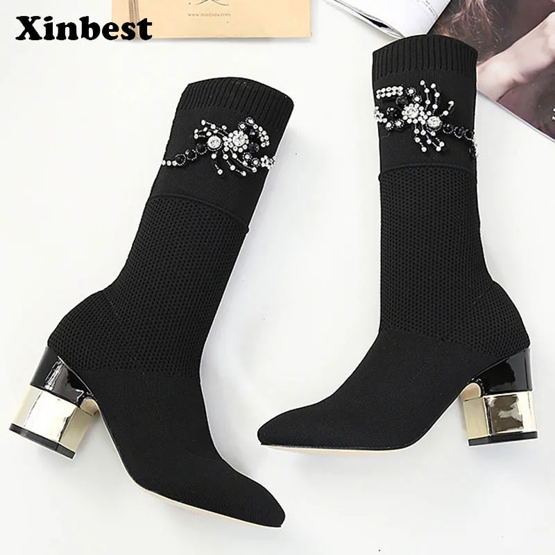 

Xinbest 2018 Women Boots Pointed Toe Women High Heel Shoes Square heel Womens Winter Boots Casual Fashion Women Sock Boots