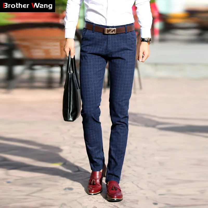 

2019 Spring New Men's Business Casual Pants Fashion Stretch Slim Fit Plaid Badge Trousers Brand Clothes Black Blue