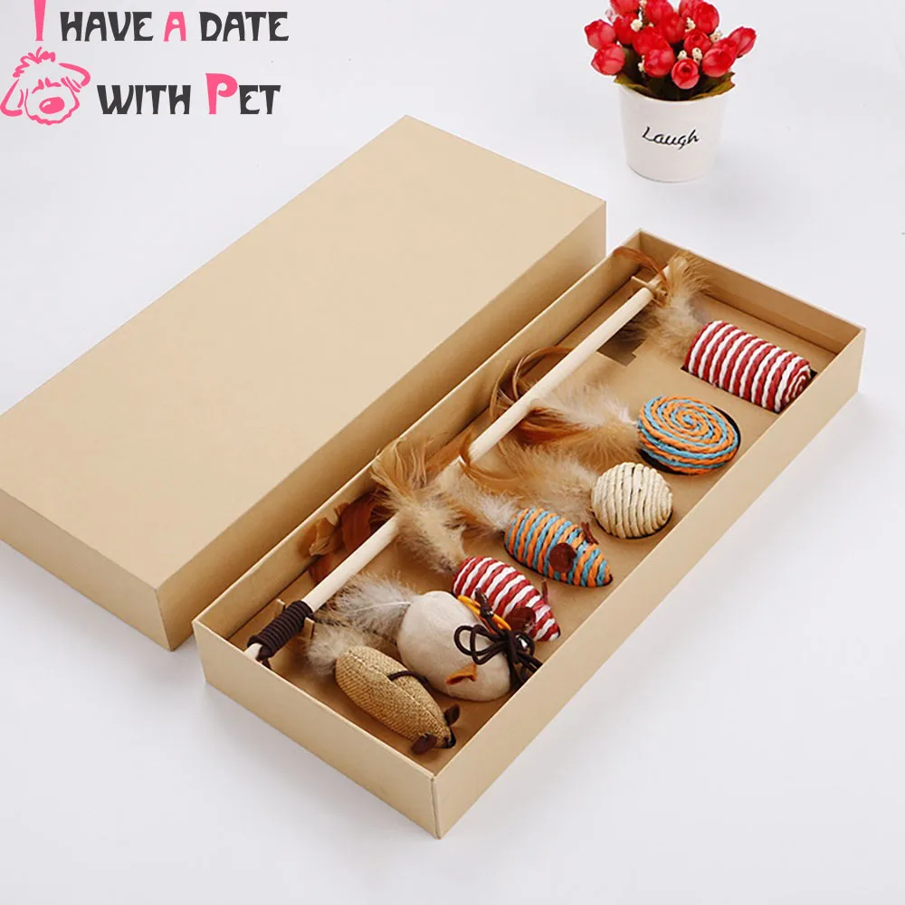 

1 Set Cat Kitten Toys Interesting Interactive Pet Products Dangle Wooden Grinding claw Play Bell Stick Faux Mouse Cat Suit Toys