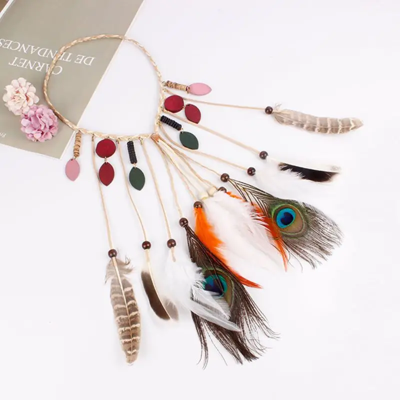 

Ethnic Bohemian Headband Women Colored Beads Tassels Peacock Feather Hippie Indian Hair Bands Adjustable Crown Party Decoration