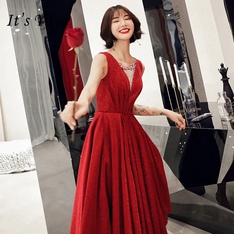 

It's YiiYa Evening Dress Crystal O-neck Half Sleeve Formal Party Gowns Illusion Shining Velour Ruched Long Party Dresses E108
