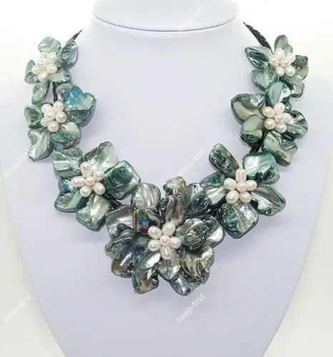 

ddh001469 white pearl green mother of pearl shell weave flower necklace 18"fashion jewely