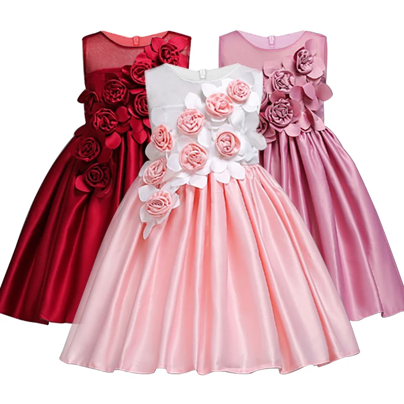 

2018Baby Girls evening dress High end Children Costume Birthday party Dresses 3D Rose Flower Girls Clothes kides Princess dress