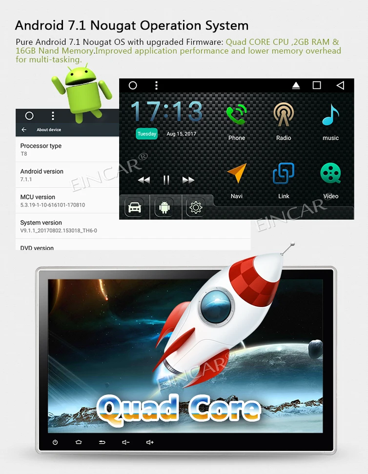 Eincar 10 1 'ƈ Din Радио Стерео Android 7 автомобильный ПК DVD Авторадио Встроенный Bluetooth