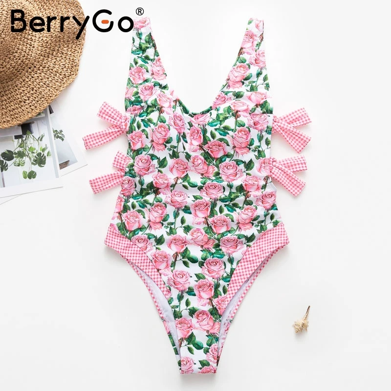 

BerryGo Vintage floral print women swimsuit One piece high cut plaid summer bathing suit Beach wear bandage ladies swimsuits