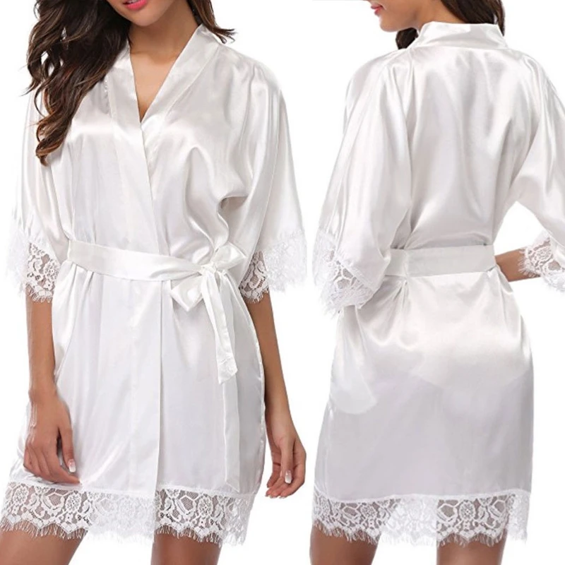 Для женщин пикантные Спящая платье Короткие Ice Шелковый халат атласный кружева ПИЖАМА-кимоно