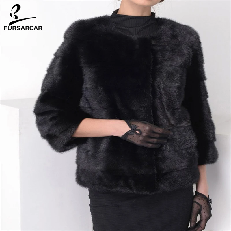 

FURSARCAR 2018 New Arrival Women Luxury Real Mink Fur Coats O-Neck Thick Warm Winter Jacket Full Pelt Female Mink Fur Outwear