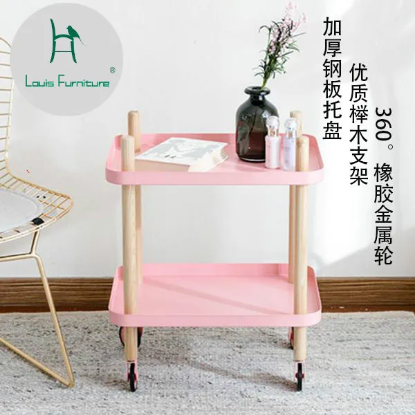 

Louis Fashion Cart Metal Solid Wood Bedside Table Wheel Dining Side Car Tea Edge Storage Rack