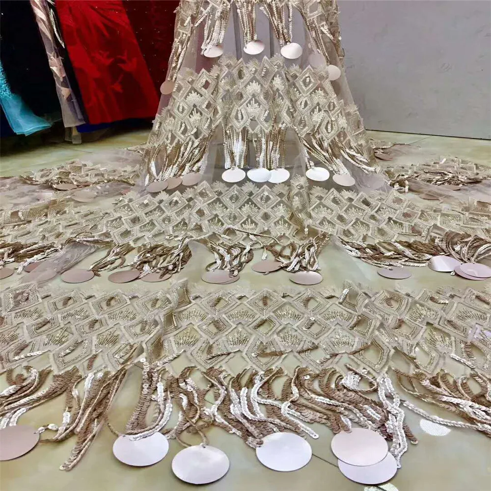

High quality French sequin lace fabric Latest Pretty Nigerian Mesh Lace fabric with sequins for wedding dress X709-2