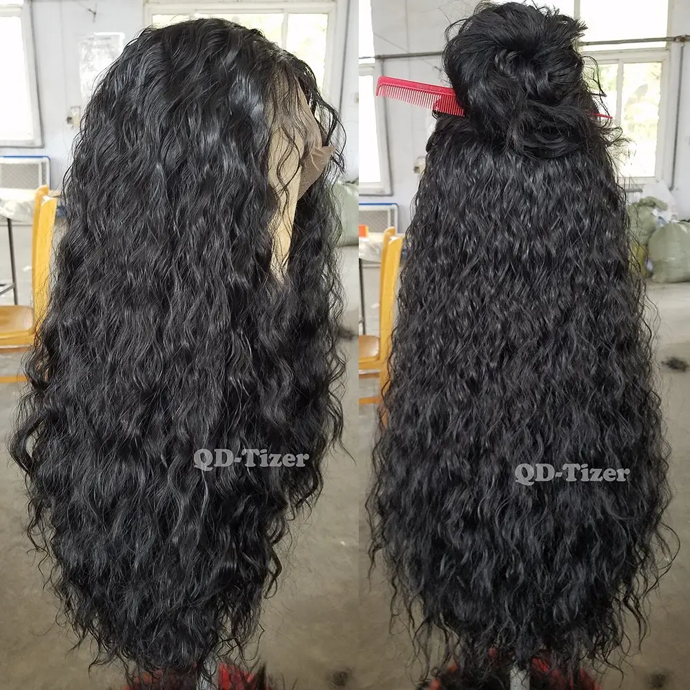 QD-Tizer 180% Density Black Loose Hair Synthetic Lace Wigs Long Loose Curly Synthetic Lace Front Wigs for Black Women