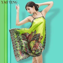 2017 Women Summer Folk Style Homewear India Nightgown Sexy Slip Nightdress Imitation Silk Dress Silky Sleepwear Green Sleepshirt