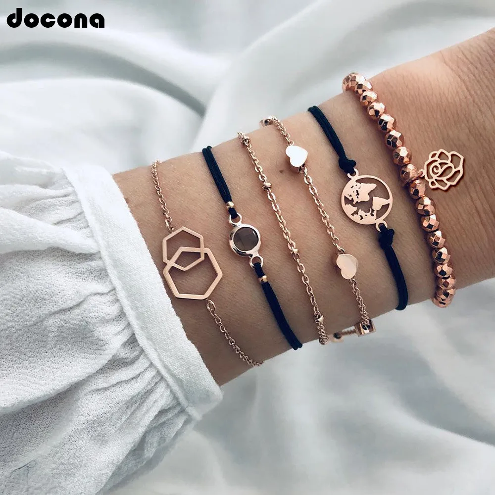 

Docona Bohemian Gold Color Beads World Map Heart Flower Layered Bracelet Set For Women Charm Black Rope Rose Pendant Jewelry7122