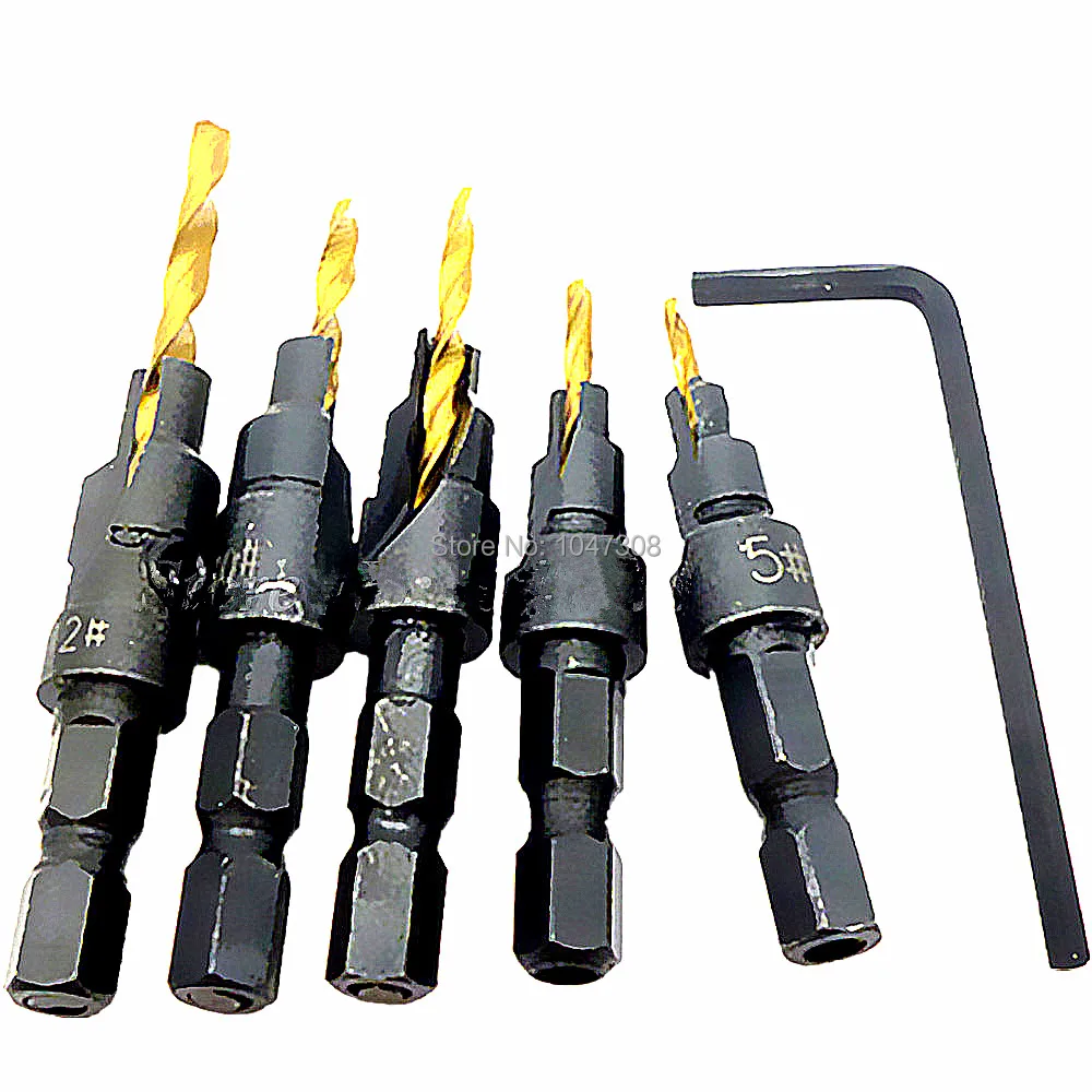 5pc Countersink Drill Bit Set Screw Quick Change Titanium Coated
