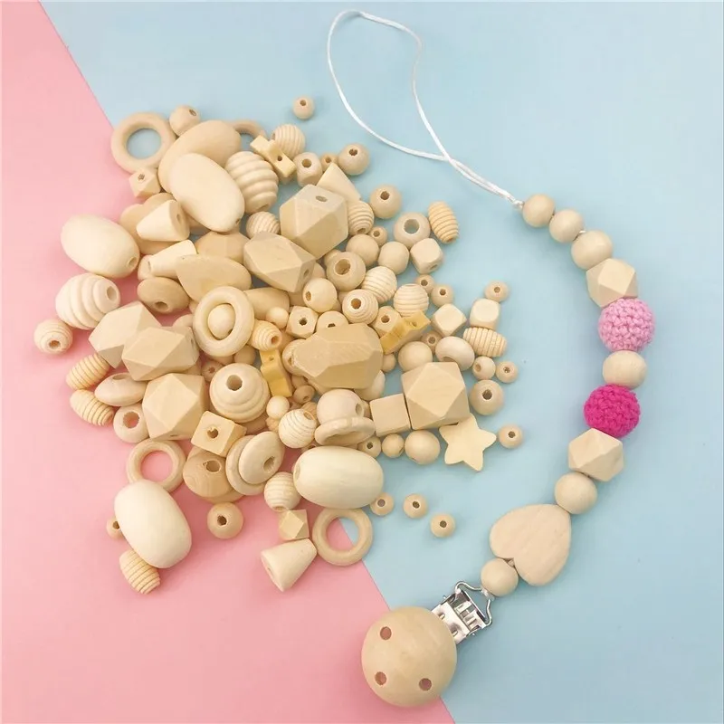 

150pc Block Wood & Wooden Beads Diy Pacifier Clip 22 Style Natural Wood Organic Baby Teether Beads Christmas Gifts