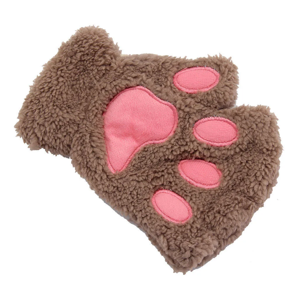 1 пара милых зимних перчаток, милые плюшевые теплые рукавицы с кошачьей лапой, короткие перчатки без пальцев, перчатки на половину пальцев для женщин, девушек, BH - Цвет: khaki