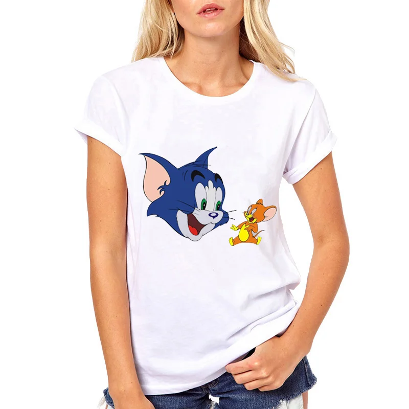 

2019 Summer women white T Shirts Jerry mouse Tom cat printing top tee Kawaii cartoon Female Casual t-shirt Plus Size Women Shirt
