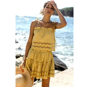 

KHALEE YOSE Yellow Womens Two Piece Sets Summer Top Mini Skirts Boho Gypsy Beach Dress Set Ruffles Straps Elastic 2 Piece Set