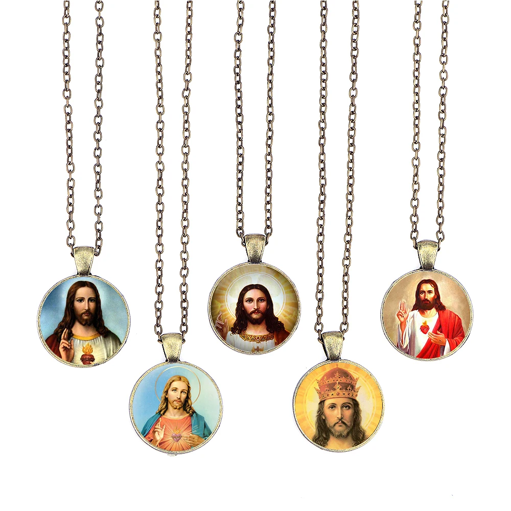 Holy Jesus Necklace Religious Glass Cabochon Pendant Vintage Chain