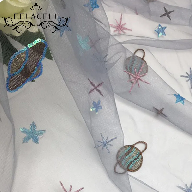 

FFLACELL 1 Meter planet sequin star embroidery patch lace tulle fabric for Sewing dress cloth Doll Wide 140cm