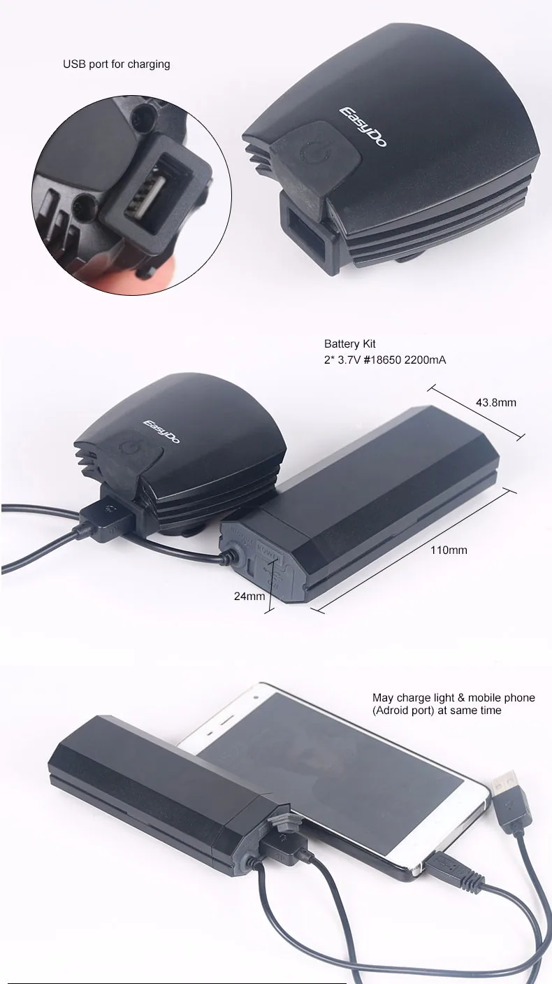 Sale Easydo High Quality Bicycle Headlight 5W 280Lm 4400mAH USB Charge Bike Handlebar LED Lamp Front Lantern Flash Light Torch STVZO 3