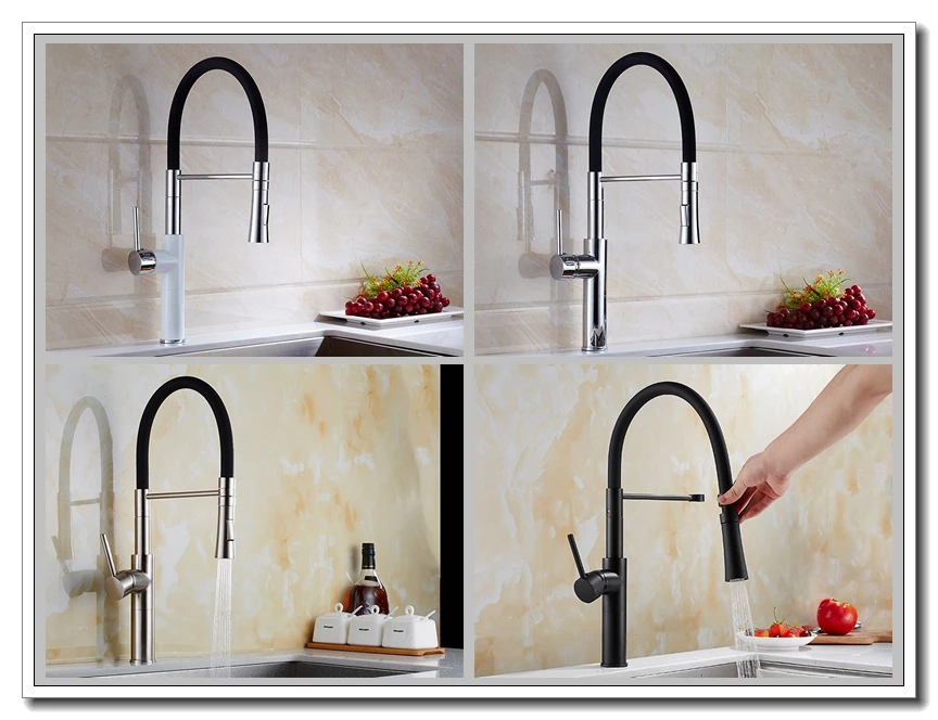 Deck Mounted Pull Down Kitchen Faucet Black Hot Cold Water Crane Mixer Kitchen Sink Faucets with Rubber Design ELK9112B