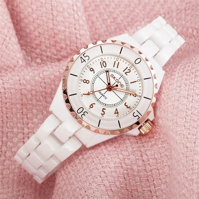 SKONE брендовые Роскошные модные часы для женщин, розовое золото, белая керамика, женские кварцевые часы, женские наручные часы, relogio feminino