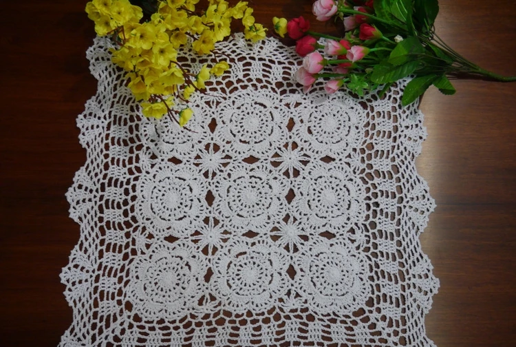 

Handmade hook flowers cotton lace hollow square Crocheted Table Cloth / Many Uses place mat Pads/ Vintage Europe Style