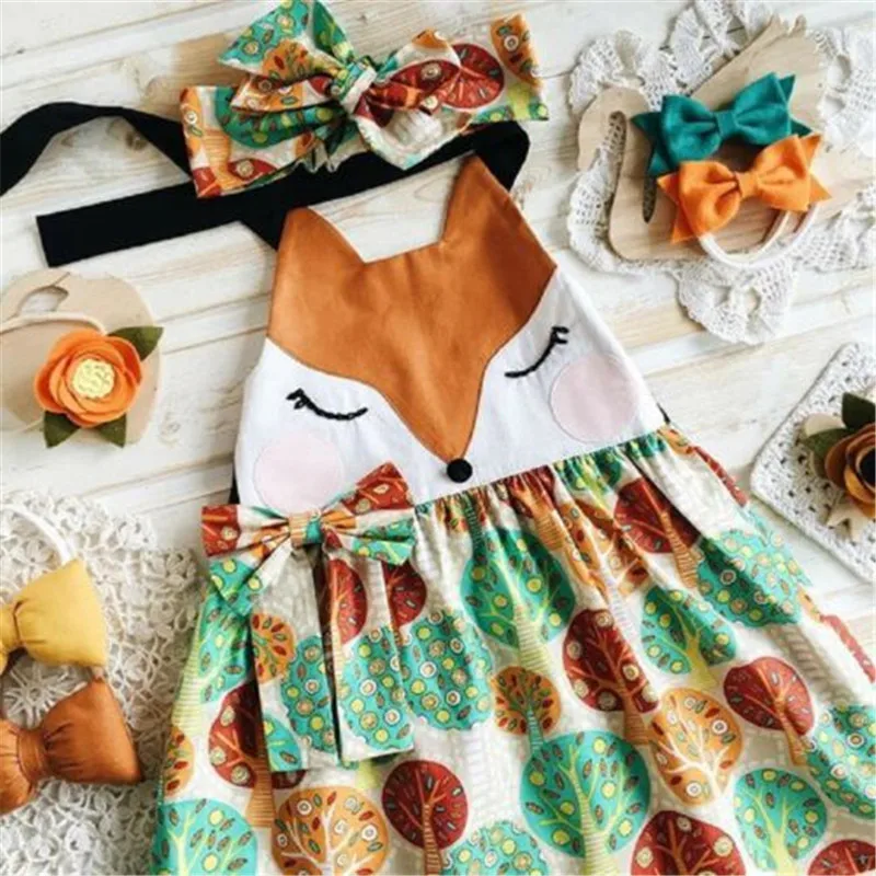 

Baby Girls Cute Cartoon Fox Clothes sleeveless Halter mini Dress and headband Summer strap Sundress 1-5T