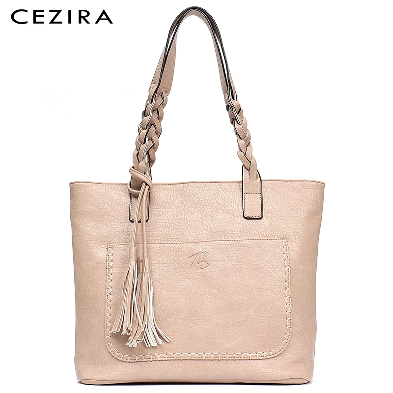 Koop Cezira Hot Koop Vrouwen Vegan Lederen Schoudertassen Dames Mode Kwastje Tote Voorvak Dagelijks Handtassen Vrouwelijke Grote Bolsa Sac