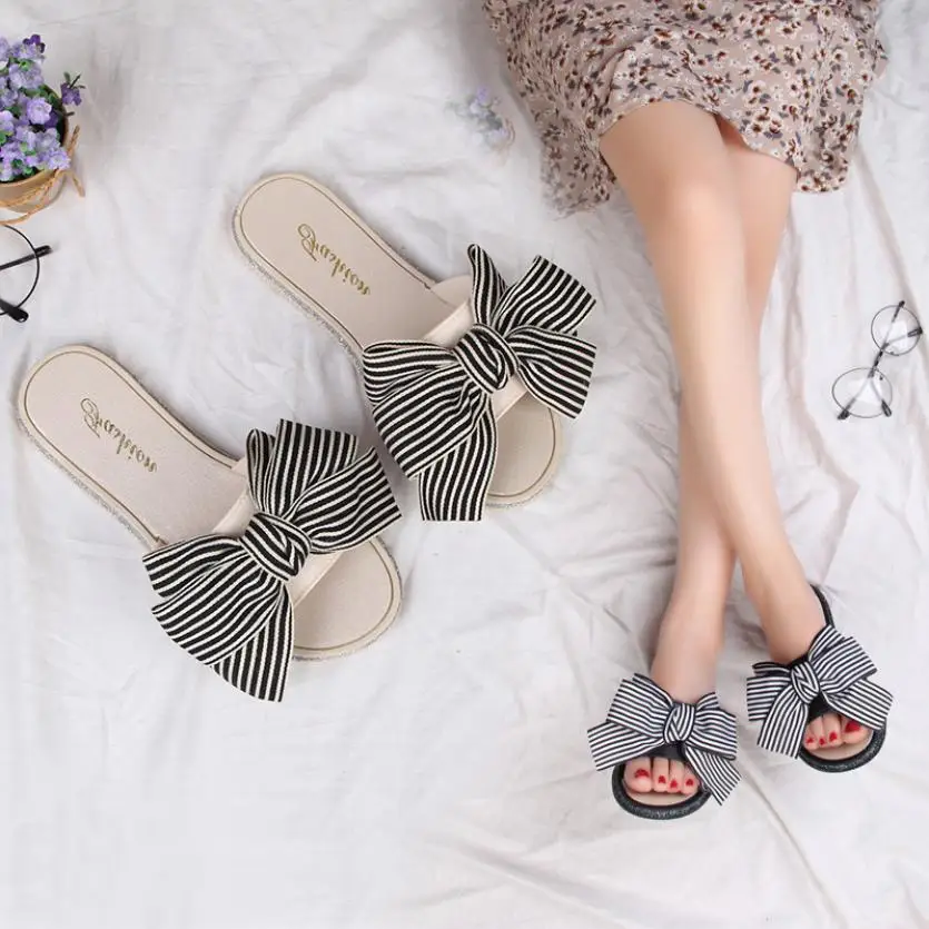 

SAGACE Shoes Flip flops summer Fashion Stripe Bow Round Toe Flat Heel Sandals Slipper Beach casual shoes women 2018JU13