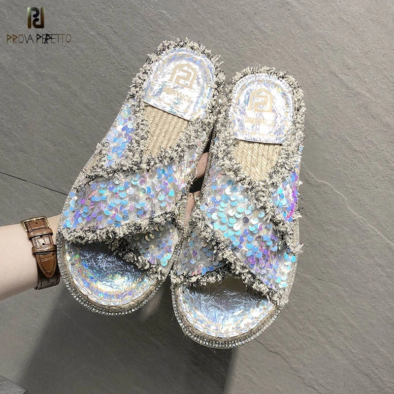 

Prova Perfetto Bling Bling Shiny Sequin Flat Slippers Women Summer Outdoor Beach Slides Fashion Straw Non-slip Sole Slippers