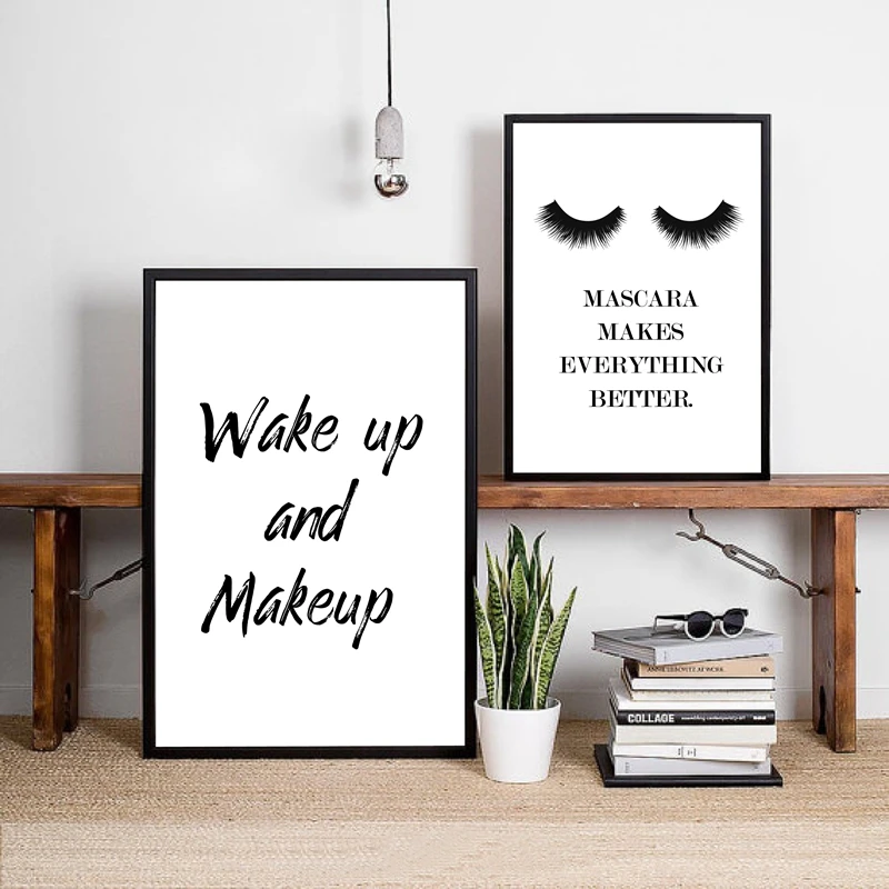 

Wake Up and MakeUp Quote Canvas Art Print Painting Poster, Lipstick Mascara Wall Picture Canvas Painting Make Up Prints